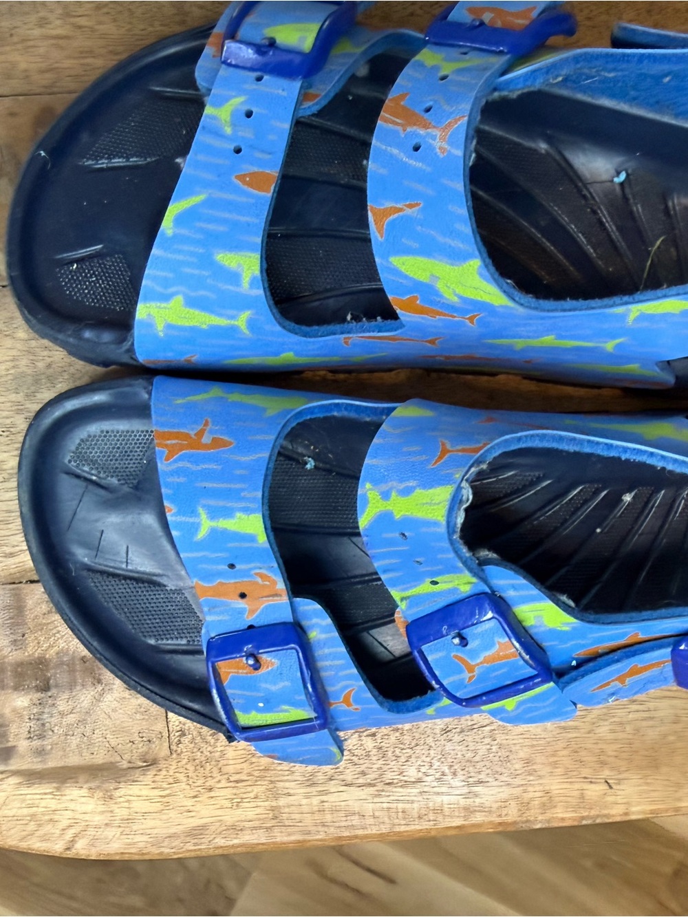 Kids Birkenstock Blue Shark Print Buckle Sandals
